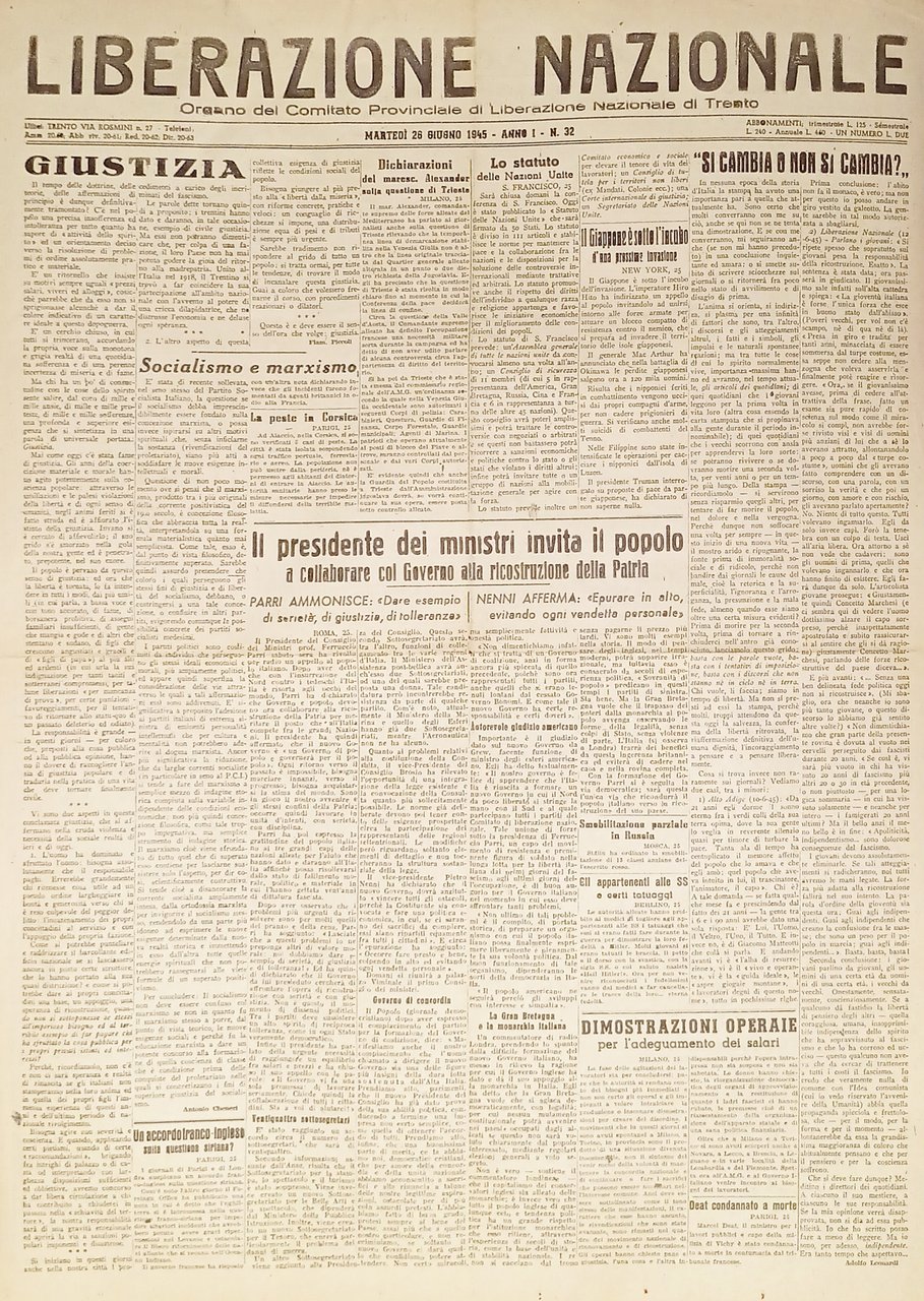 Quotidiano Trento - Liberazione Nazionale n. 32 - 1945 Giappone …