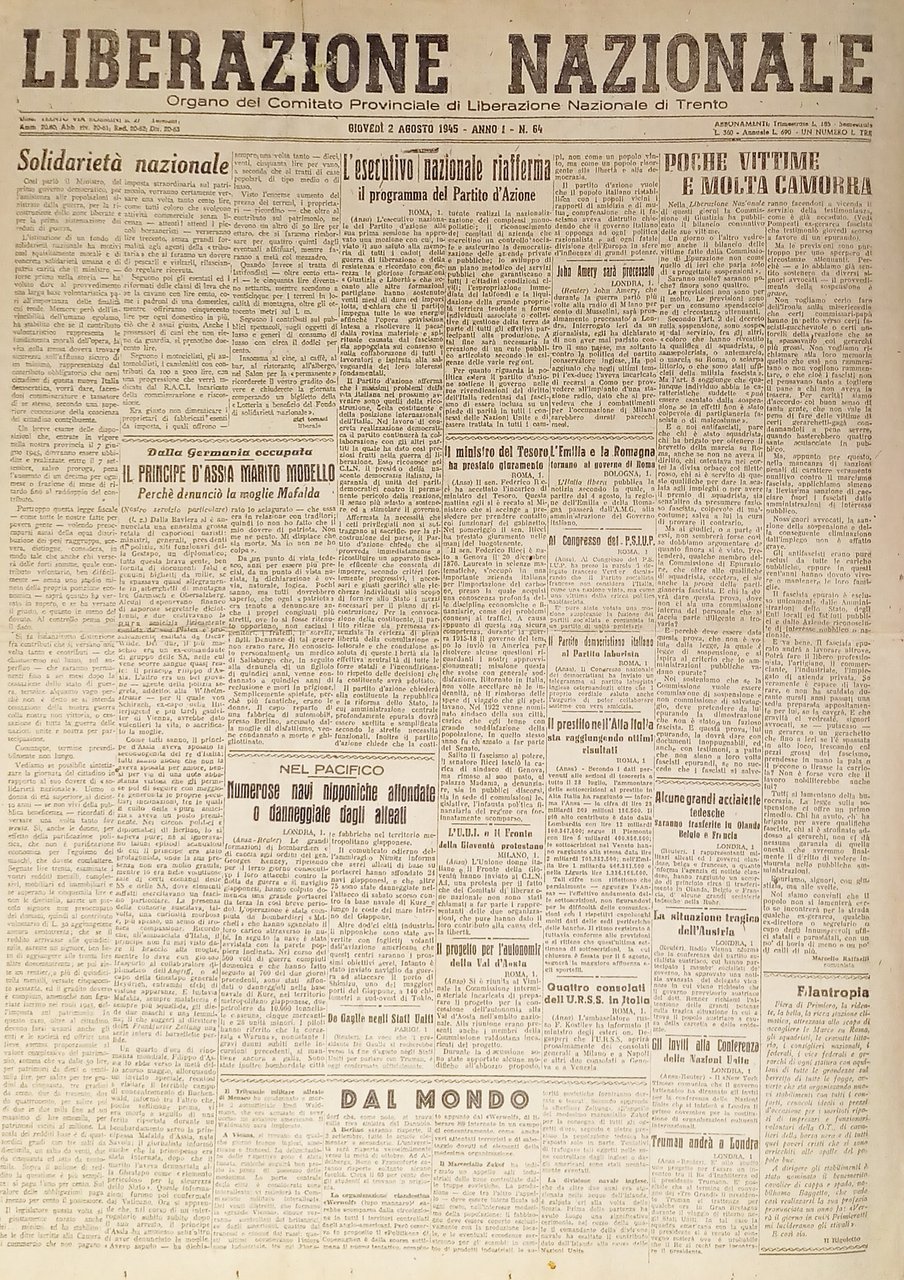 Quotidiano Trento - Liberazione Nazionale n. 64 - 1945 Solidarietà …