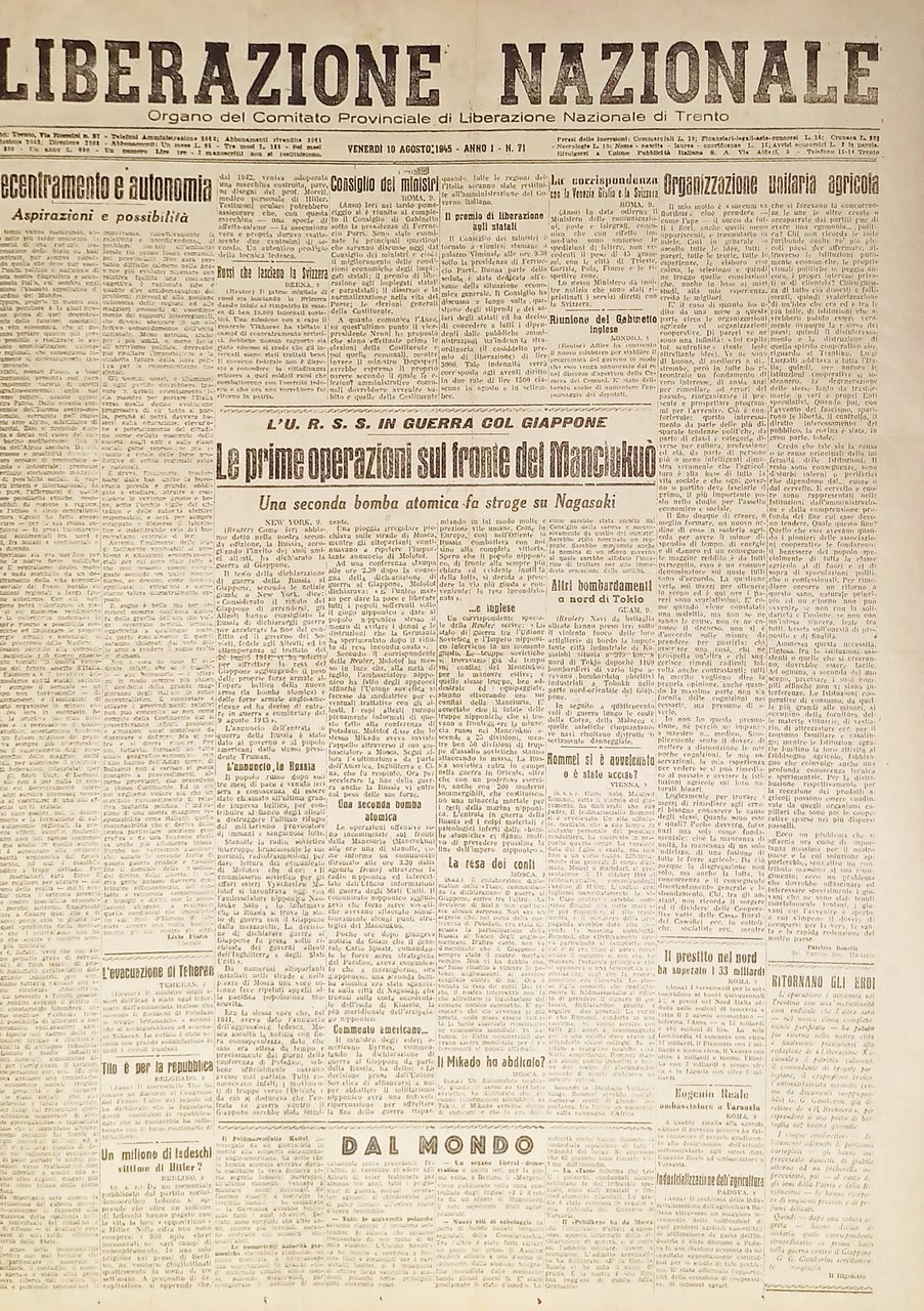 Quotidiano Trento - Liberazione Nazionale n. 71 - 1945 Fronte …