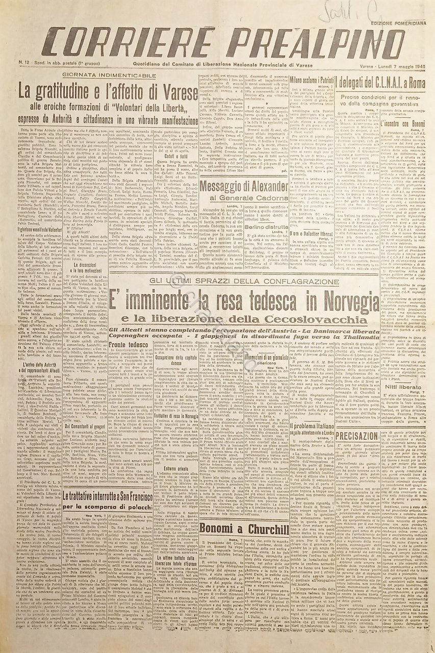 Quotidiano Varese - Corriere Prealpino N.12 Anno I Resa tedesca …