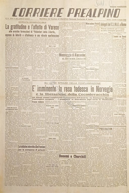 Quotidiano Varese - Corriere Prealpino N.12 Anno I Resa tedesca in Norvegia 1945