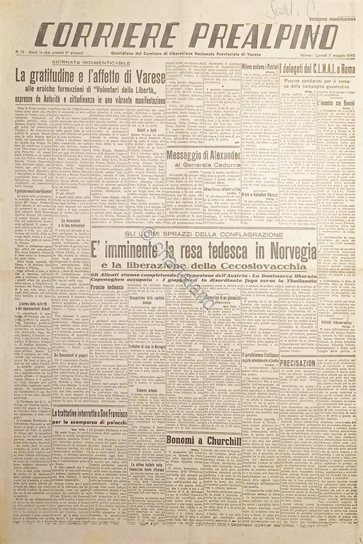 Quotidiano Varese - Corriere Prealpino N.12 Anno I Resa tedesca …