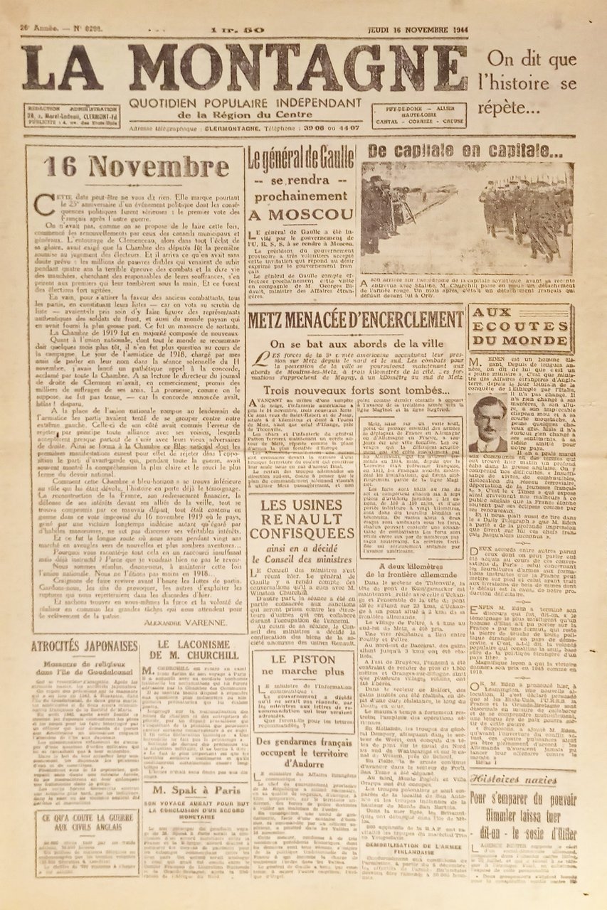 Quotidien - La Montagne N. 8298 - 1944 Le Général … | Immagine principale
