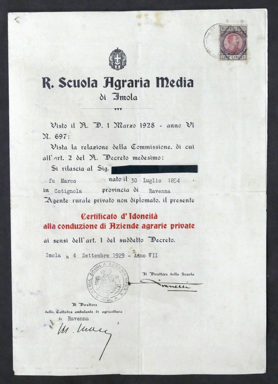 R. Scuola Agraria Media di Imola - Certificato di Idoneità …