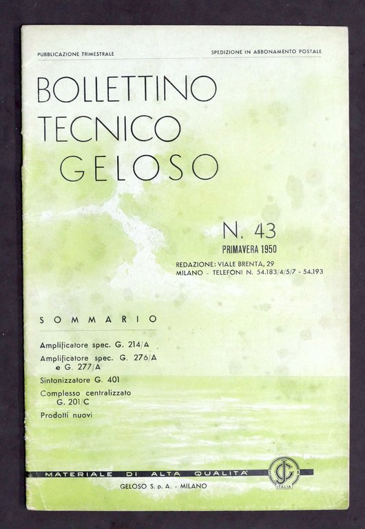 Radiotecnica - Bollettino Tecnico Geloso n. 43 - 1950