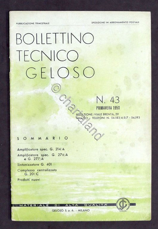 Radiotecnica - Bollettino Tecnico Geloso n. 43 - 1950
