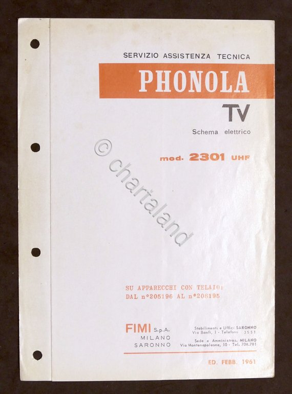 Radiotecnica - Phonola Tv - Schema elettrico - mod. 2301 UHF - ed. 1961