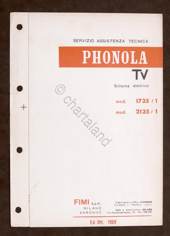 Radiotecnica - Phonola Tv - Schema elettrico mod. 1735 / 1 - 2135 / 1 - ed. 1959