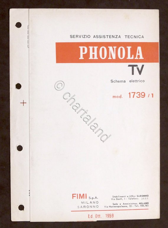 Radiotecnica - Phonola Tv - Schema elettrico mod. 1739 / 1 - ed. 1959
