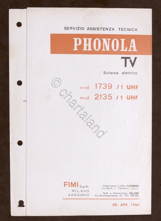 Radiotecnica - Phonola Tv - Schema elettrico mod. 1739 / 1 UHF - 2135 / 1 UHF 
