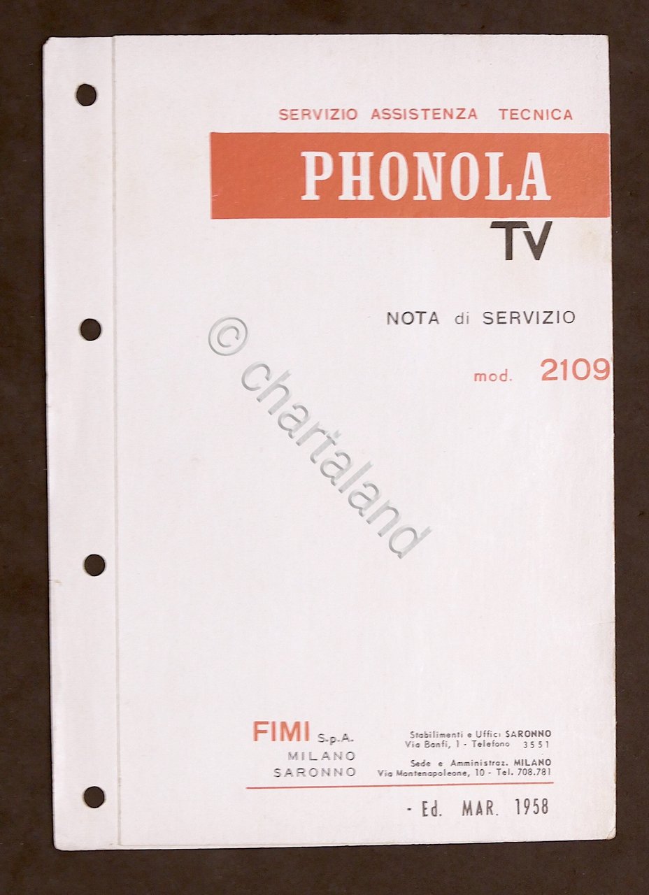 Radiotecnica - Phonola Tv - Schema elettrico mod. 2109 - …