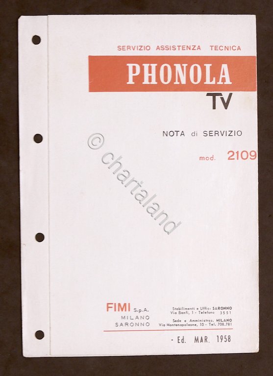 Radiotecnica - Phonola Tv - Schema elettrico mod. 2109 - ed. 1958