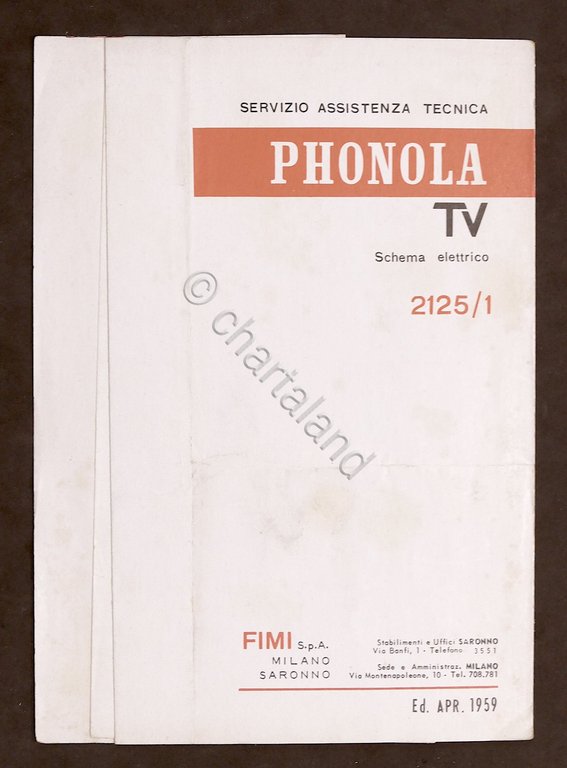 Radiotecnica - Phonola Tv - Schema elettrico mod. 2121 / 1 - ed. 1959