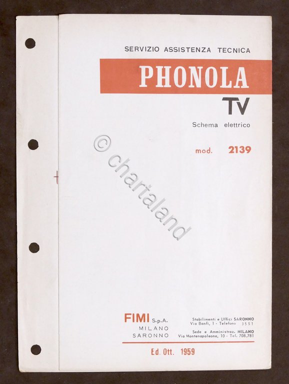 Radiotecnica Phonola Tv Schema elettrico - mod. 2139 - ed. 1959