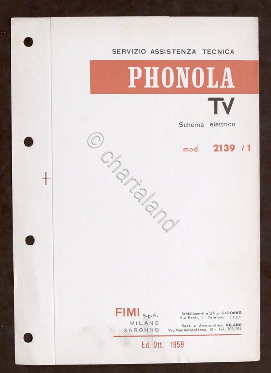 Radiotecnica Phonola Tv Schema elettrico - mod. 2139 / 1 - ed. 1959