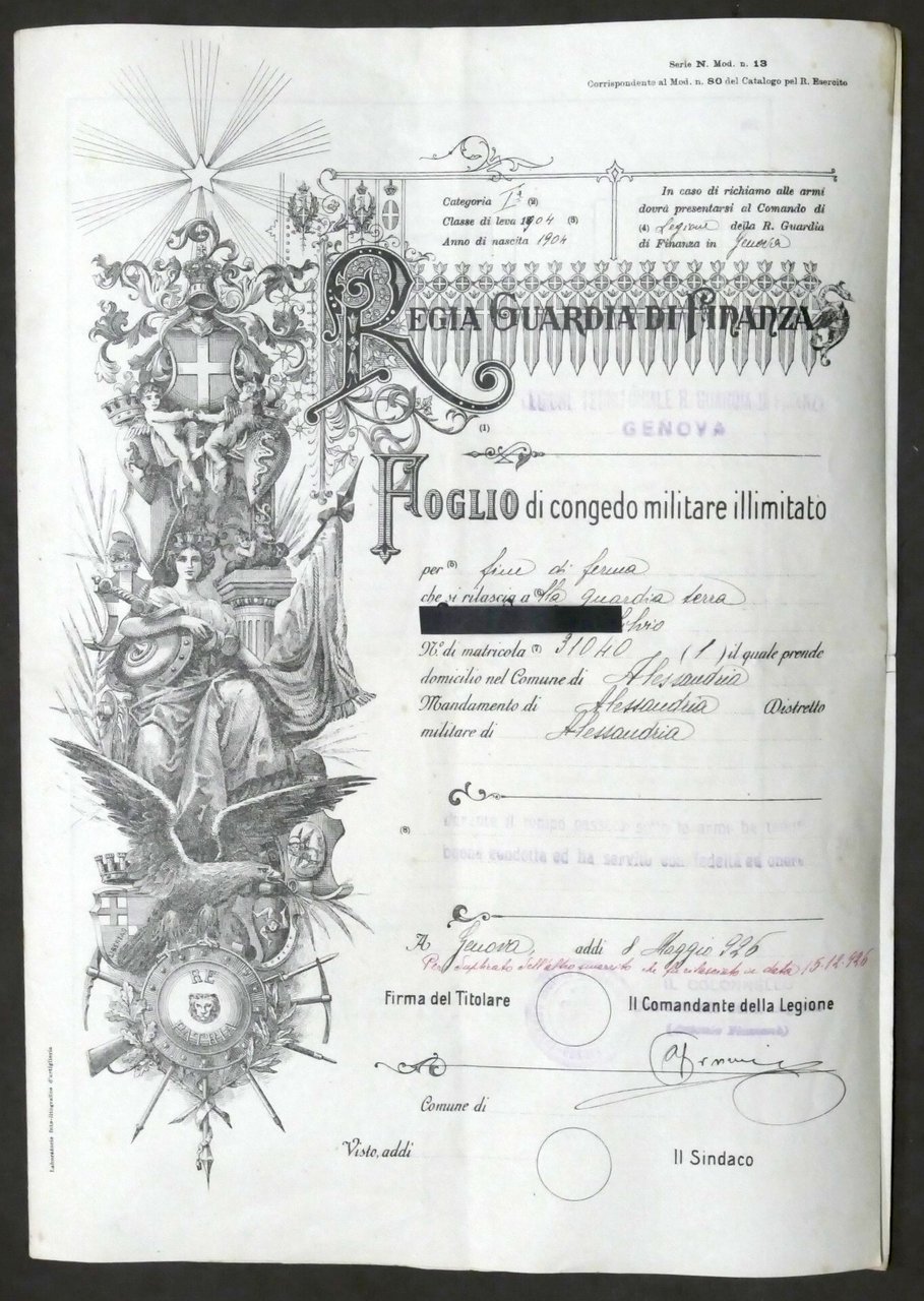 Regia Guardia di Finanza - Foglio di Congedo Militare Illimitato …