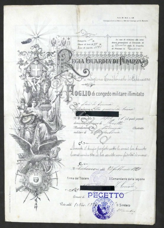 Regia Guardia di Finanza - Foglio di Congedo Militare illimitato …
