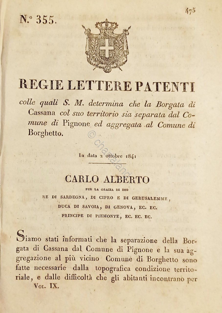 Regie Lette Patenti - Borgata di Cassana separata dal Comune …