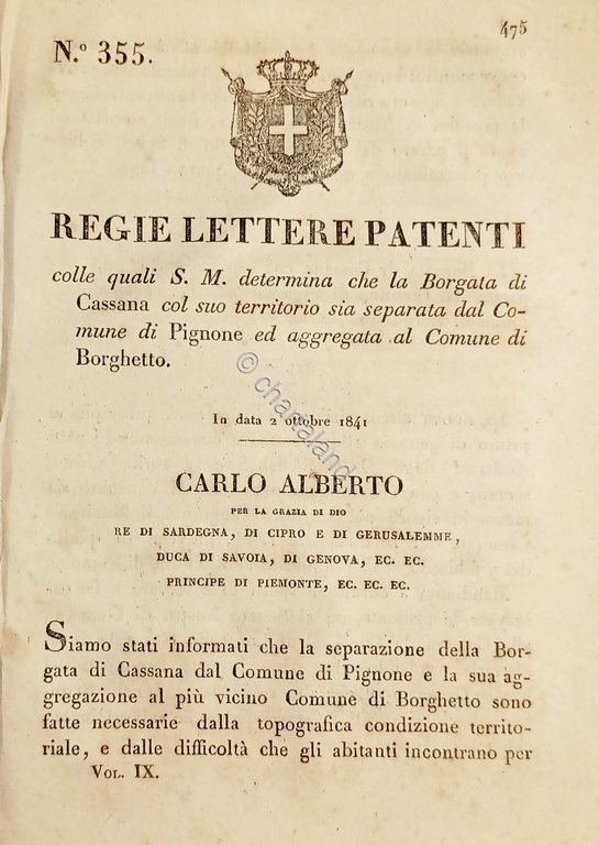 Regie Lette Patenti - Borgata di Cassana separata dal Comune …