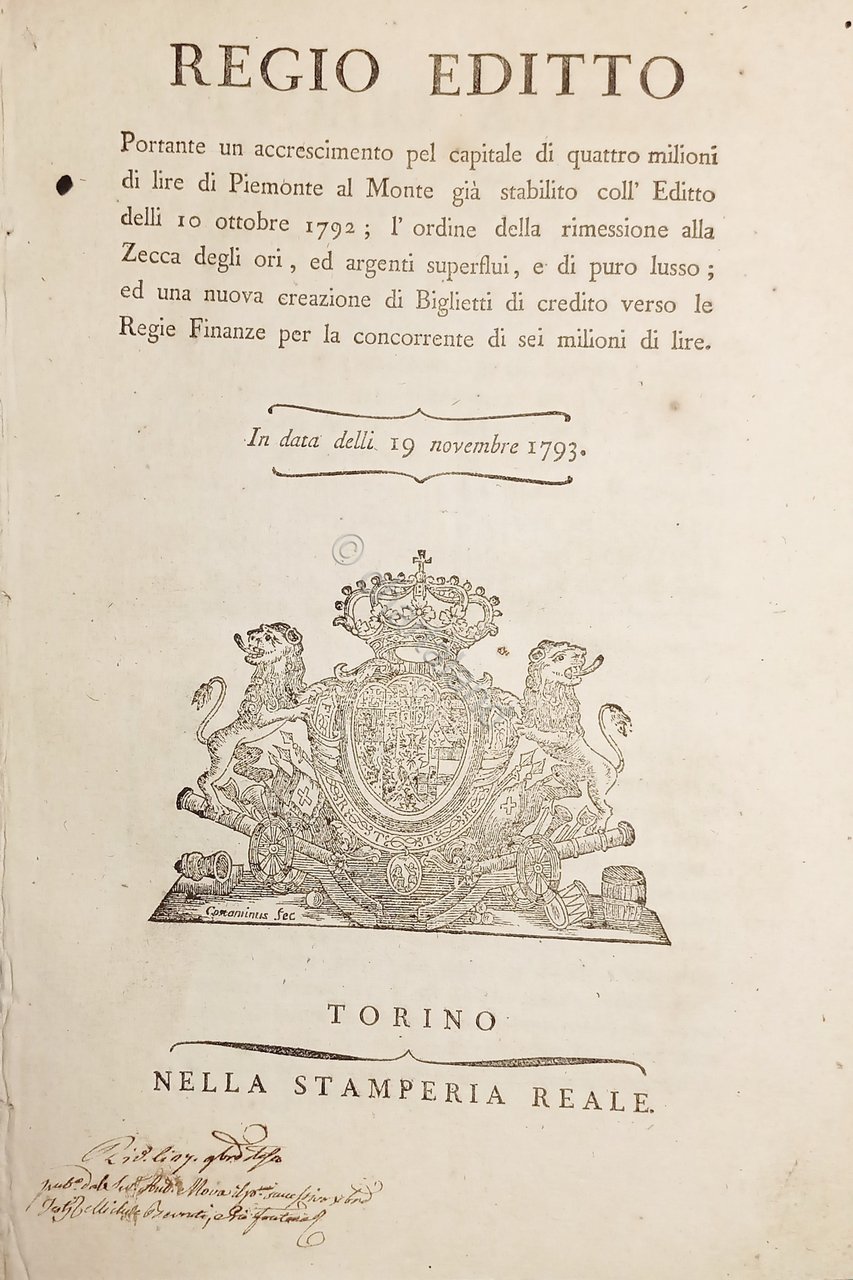 Regio Editto accrescimento capitale 4 milioni lire di Piemonte al …