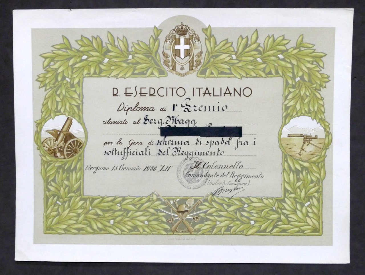 Regio Esercito Italiano - Diploma 1° premio - Gara di …