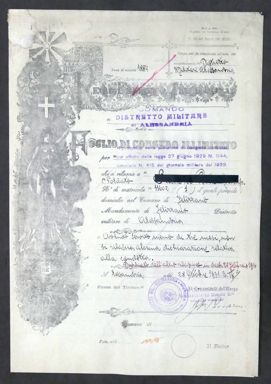 Regio Esercito Italiano - Foglio di Congedo illimitato - Alessandria …