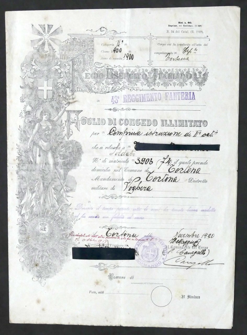 Regio Esercito Italiano - Foglio di Congedo illimitato - Tortona …