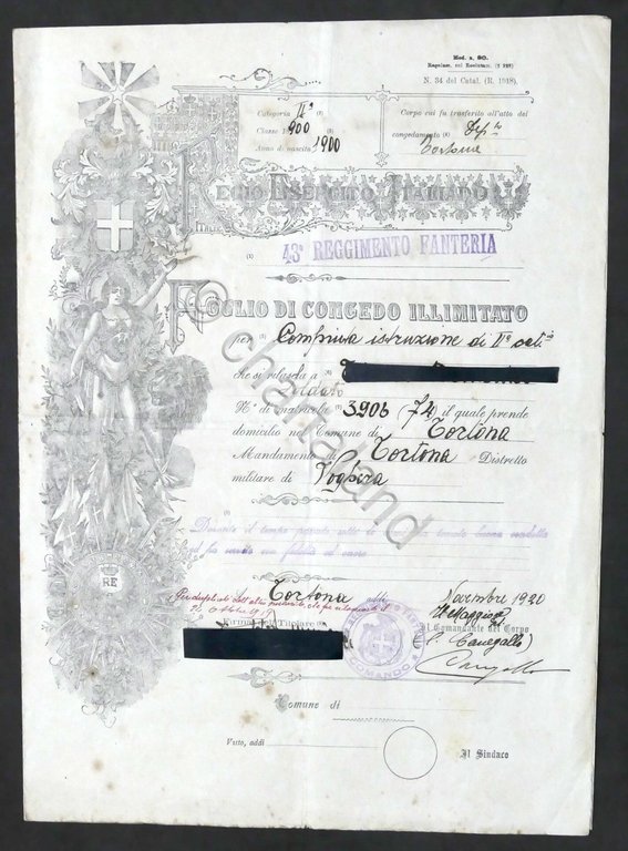 Regio Esercito Italiano - Foglio di Congedo illimitato - Tortona …