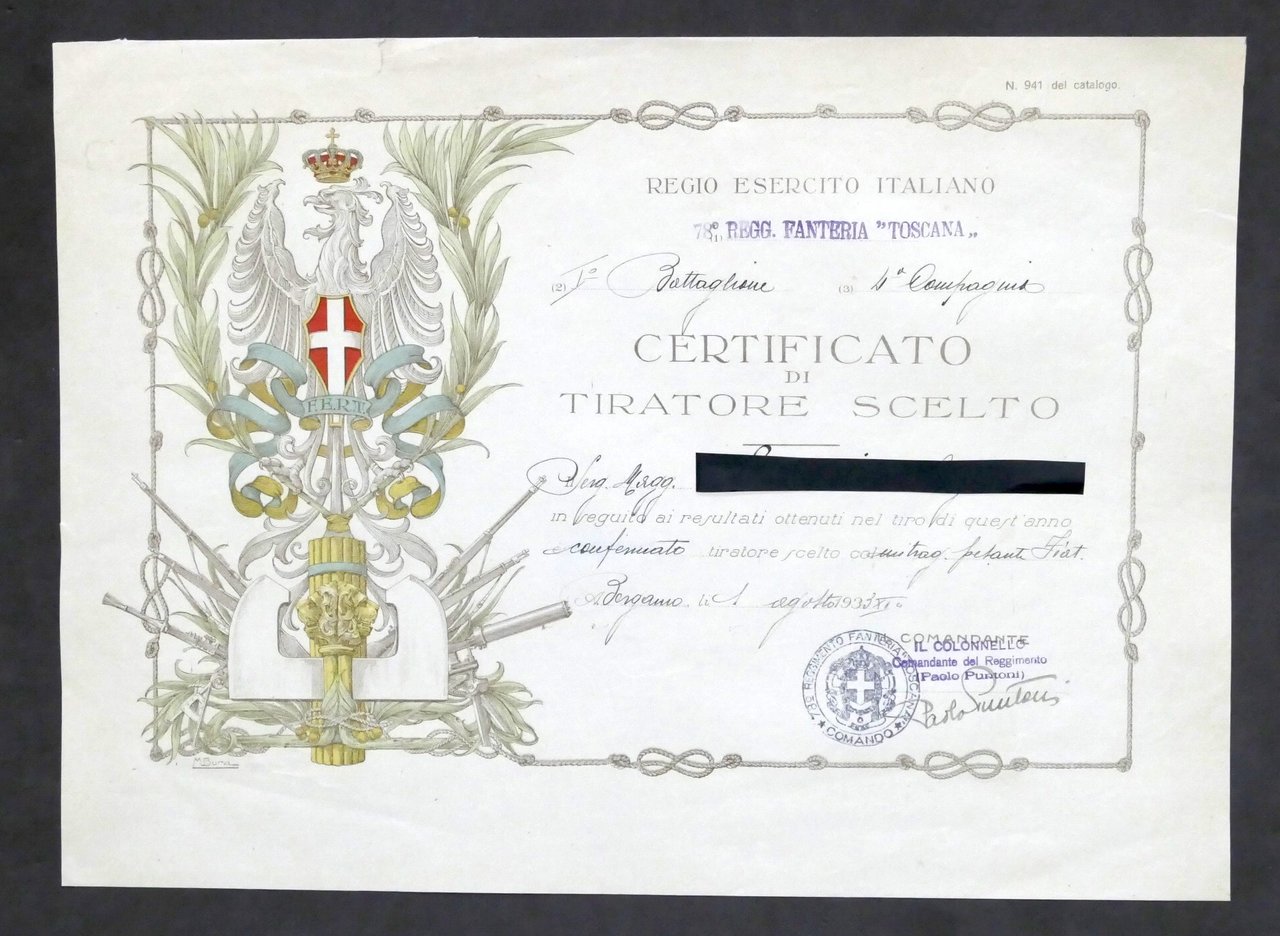 Regio Esercito Italiano 78° Rgt. Fanteria Certificato di tiratore scelto …