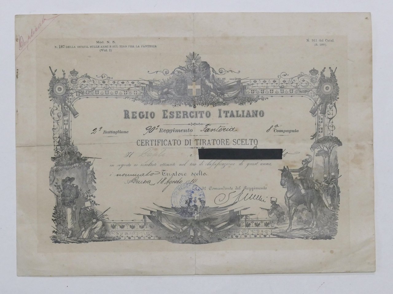 Regio Esercito Italiano 90° Regt. Fanteria - Certificato Tiratore Scelto …