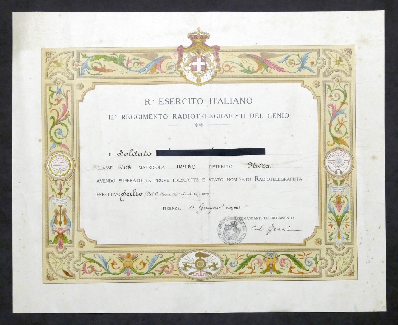 Regio Esercito Italiano Reggimento Radiotelegrafisti del Genio - Diploma - …