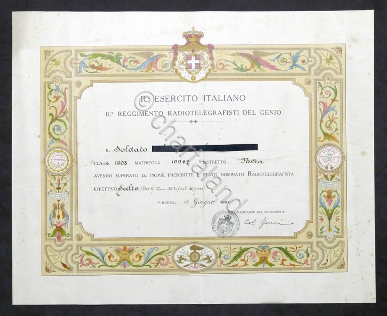 Regio Esercito Italiano Reggimento Radiotelegrafisti del Genio - Diploma - …