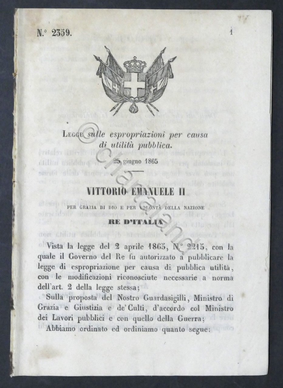 Regno d'Italia - Decreto N. 2359 - Legge espropriazioni utilità …