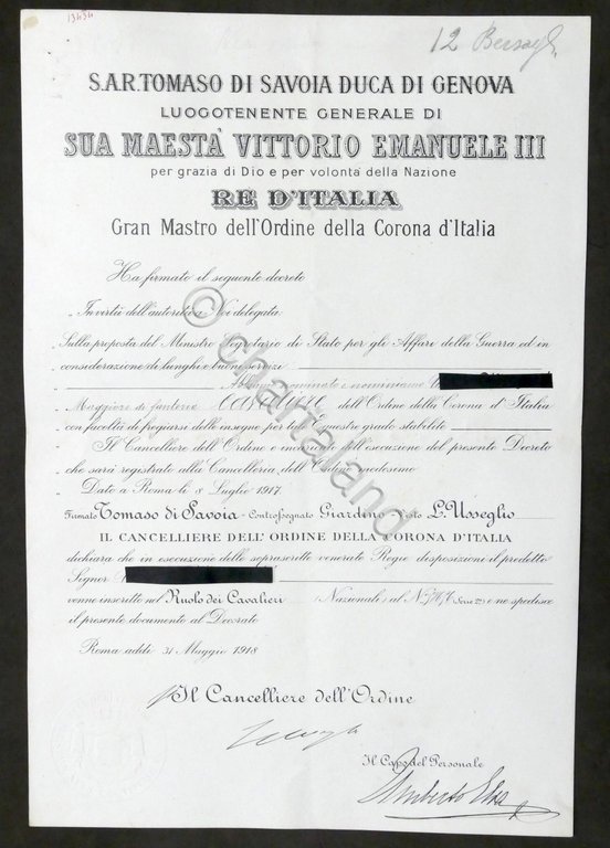 Regno d'Italia - Decreto nomina Cavaliere dell'Ordine della Corona d'Italia …