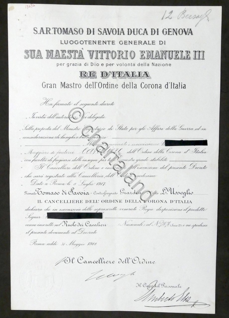 Regno d'Italia - Decreto nomina Cavaliere dell'Ordine della Corona d'Italia …