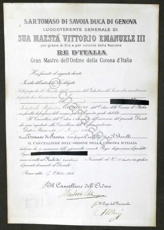 Regno d'Italia - Decreto nomina Cavaliere dell'Ordine della Corona d'Italia …