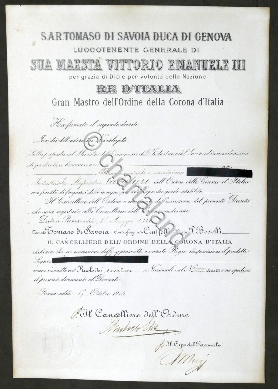 Regno d'Italia - Decreto nomina Cavaliere dell'Ordine della Corona d'Italia …