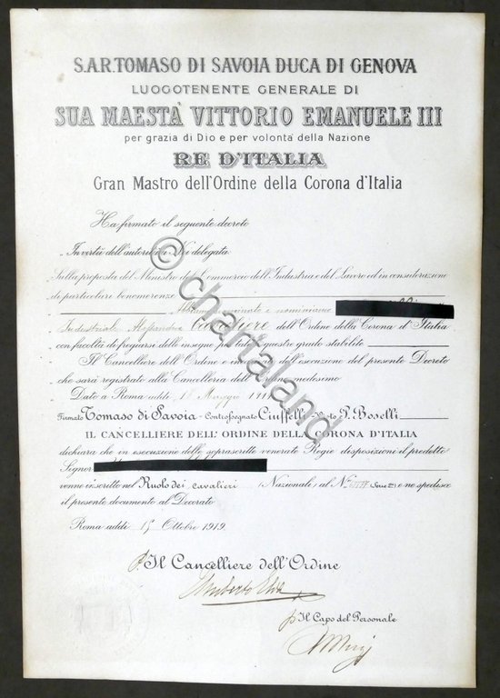 Regno d'Italia - Decreto nomina Cavaliere dell'Ordine della Corona d'Italia … | Immagine Gallery 1