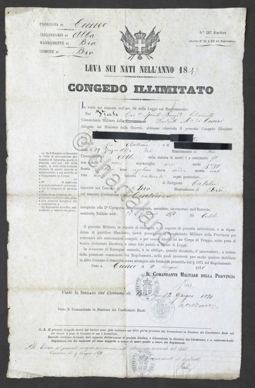 Regno d'Italia - Foglio di Congedo Illimitato - Distretto di …