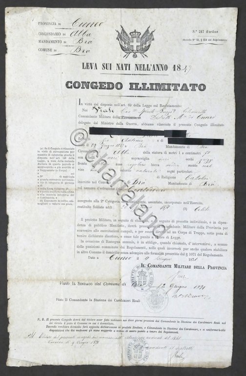 Regno d'Italia - Foglio di Congedo Illimitato - Distretto di …