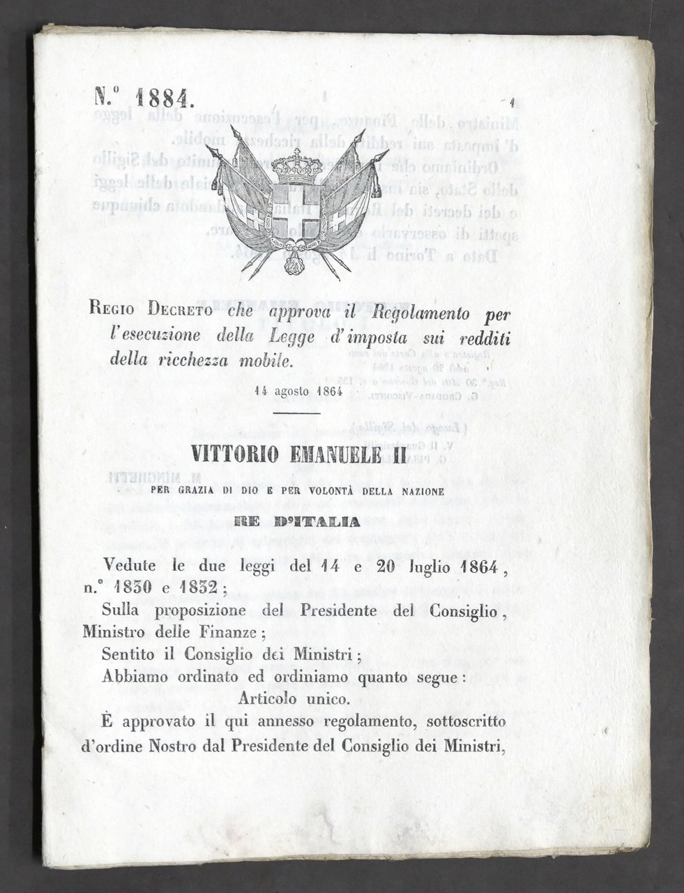 Regno d'Italia - Regio Decreto Regolamento esecuzione Legge d'imposta 1864