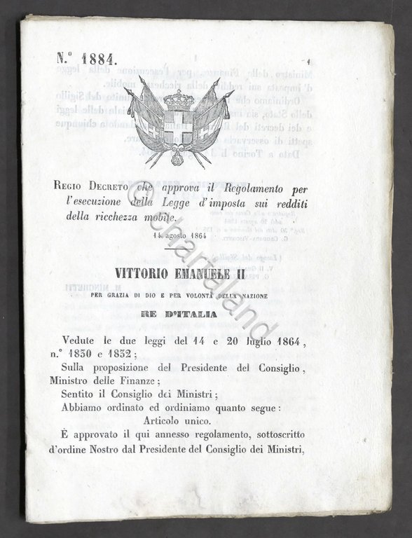 Regno d'Italia - Regio Decreto Regolamento esecuzione Legge d'imposta 1864