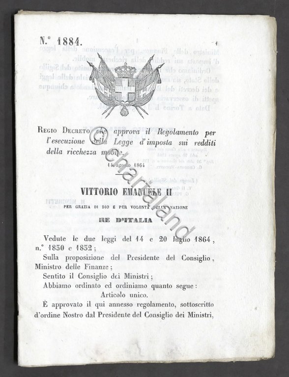 Regno d'Italia - Regio Decreto Regolamento esecuzione Legge d'imposta 1864
