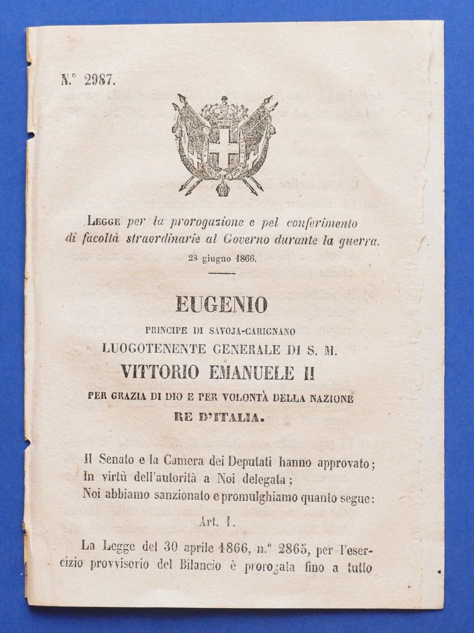 Regno d'Italia Decreto Legge facoltà straordinarie Governo durante guerra 1866 | Immagine principale