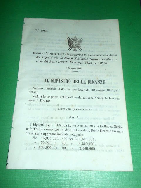 Regno d' Italia Decreto Ministeriale Divisione Biglietti Banca Toscana 1866 | Immagine principale