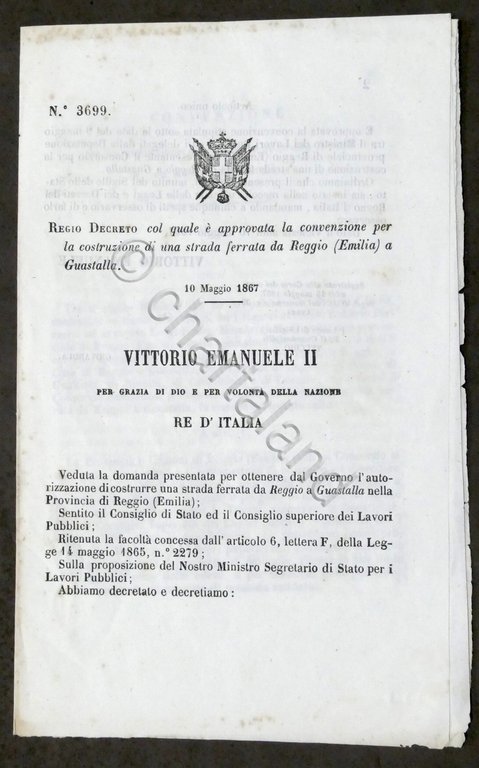 Regno d'Italia Decreto per strada ferrata da Reggio Emilia a Guastalla - 1867