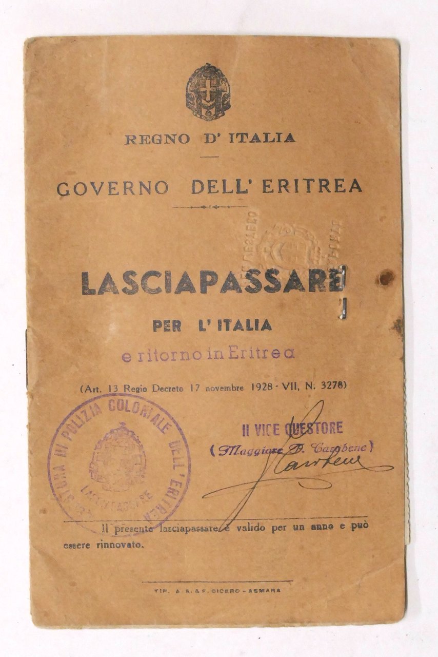 Regno d'Italia Governo dell'Eritrea - Lasciapassare per l'Italia e ritorno …