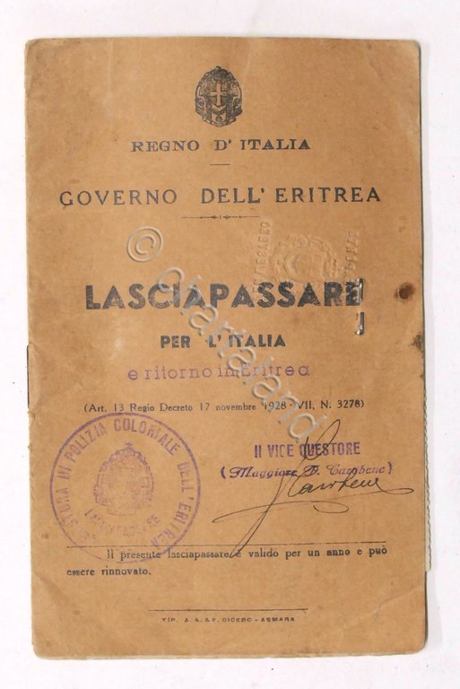 Regno d'Italia Governo dell'Eritrea - Lasciapassare per l'Italia e ritorno …