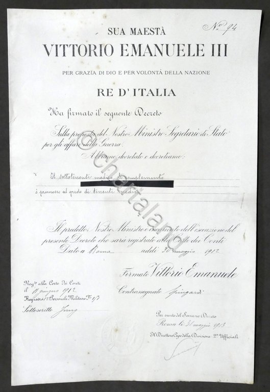 Regno d'Italia Militaria Decreto di promozione al grado di Tenente …