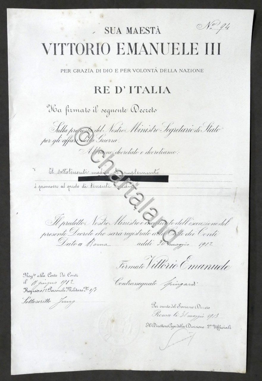 Regno d'Italia Militaria Decreto di promozione al grado di Tenente …